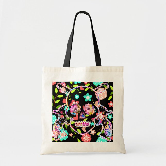 Cute colourful floral skull license plate tote bag (Front)