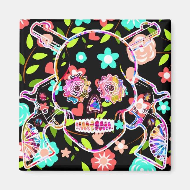 Cute colourful floral skull magnet (Front)