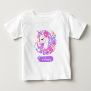 Cute colourful floral unicorn personalised girl  baby T-Shirt