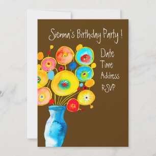 Cute colourful flower art birthday party invitation