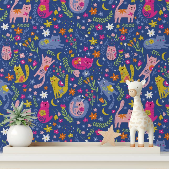 Cute Colourful Flower Cats Modern Pattern Wallpaper (Creator Uploaded)