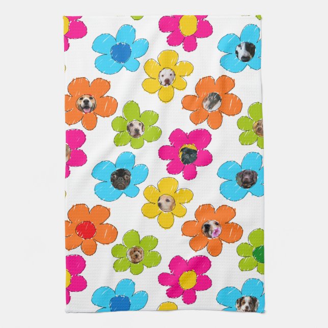 Cute colourful flower Dog Mum Fun Photo Collage  Tea Towel (Vertical)