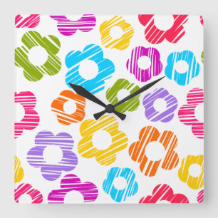 Cute colourful flower girly cheerful floral patter square wall clock