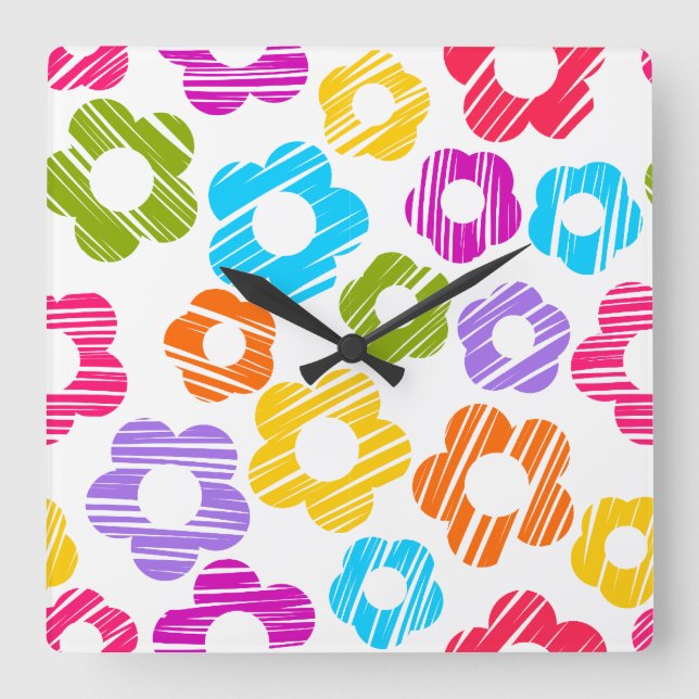 Cute colourful flower girly cheerful floral patter square wall clock (Front)