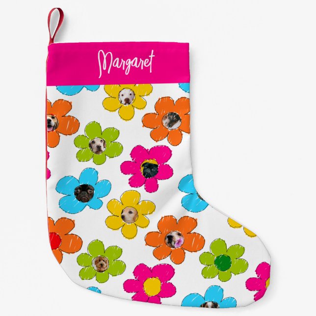 Cute colourful flowers Dog Mum Photo Collage Name Small Christmas Stocking (Front)