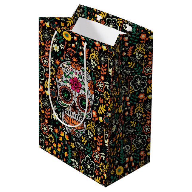 Cute Colourful Flowers & Floral Sugar Skull Medium Gift Bag (Back Angled)