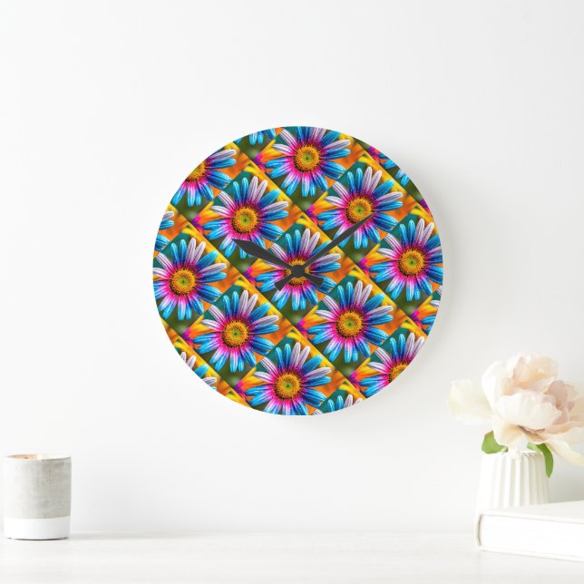Cute Colourful Flowers Pattern Large Clock (Home)