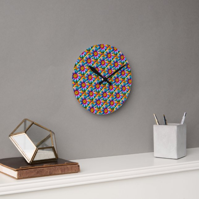 Cute Colourful Flowers Pattern Round Clock (Office)