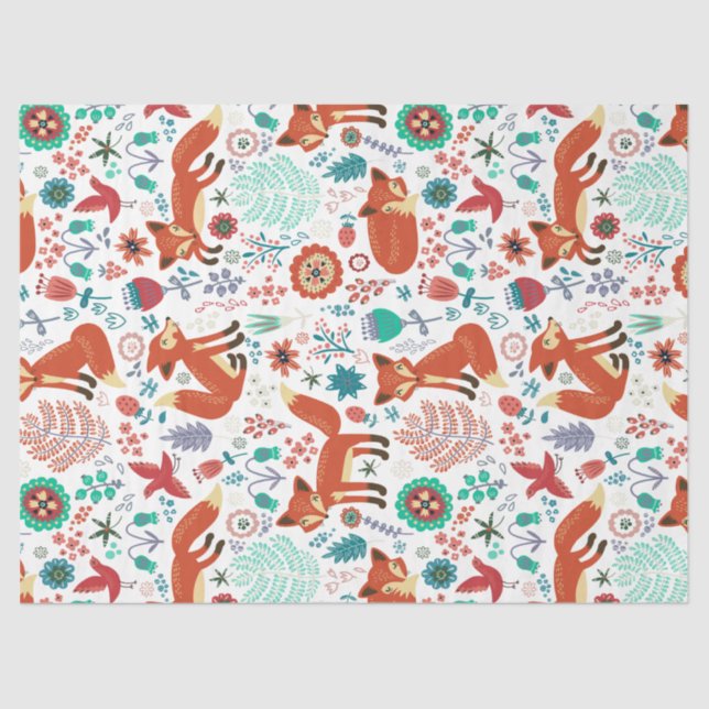 Cute Colourful Flowers & Red Foxes Pattern Tissue Paper (Front)