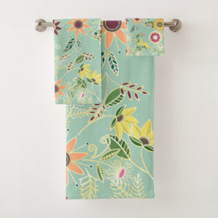 Cute Colourful Folk Floral Original Golden Design Bath Towel Set