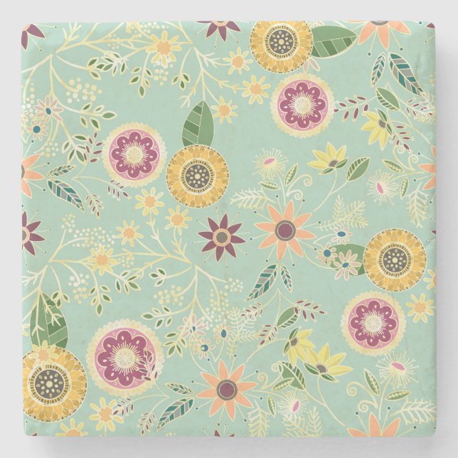 Cute Colourful Folk Floral Original Golden Design Stone Coaster (Front)