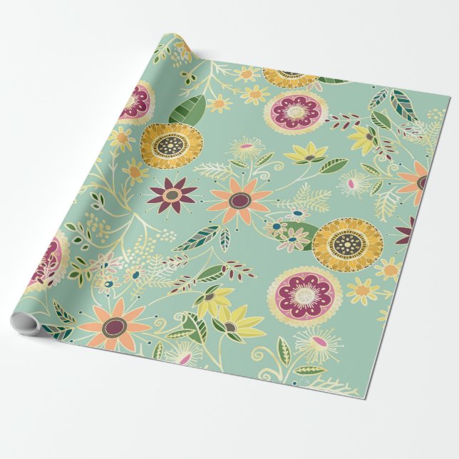 Cute Colourful Folk Floral Original Golden Design Wrapping Paper (Unrolled)