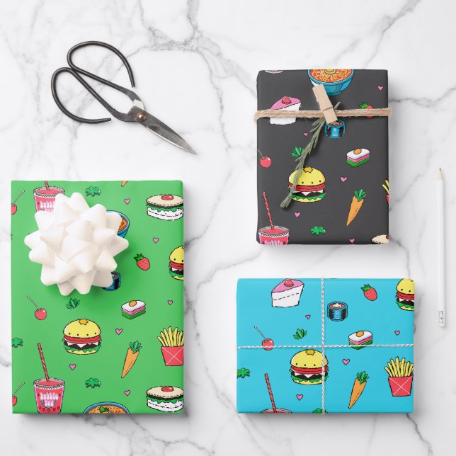 Cute Colourful Food Pattern Green Blue Black Wrapping Paper Sheet (Front)