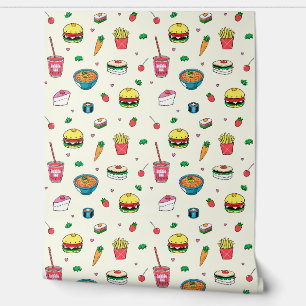 Cute Colourful Food Pattern on White Wallpaper