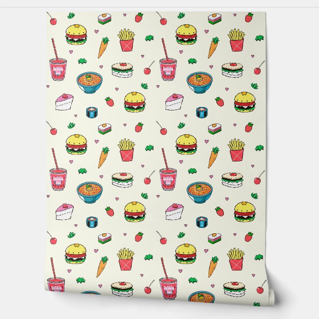 Cute Colourful Food Pattern on White Wallpaper (Unrolling)