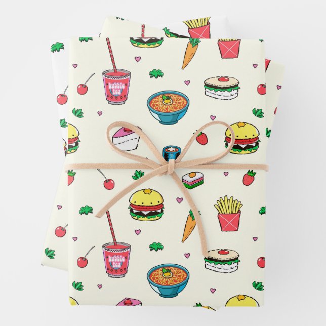 Cute Colourful Food Pattern on White Wrapping Paper Sheet (In situ)