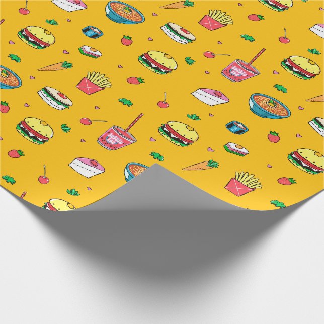 Cute Colourful Food Pattern on Yellow Wrapping Paper (Corner)
