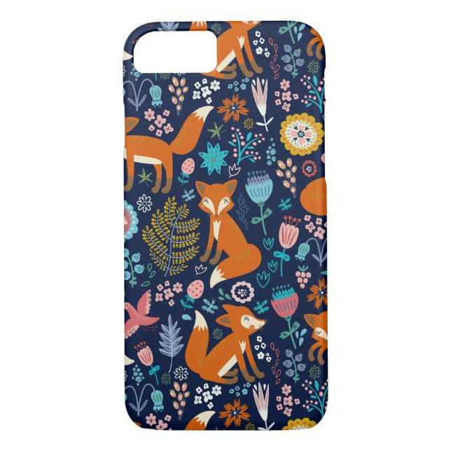 Cute Colourful Foxes Birds & Flowers Pattern Case-Mate iPhone Case (Back)
