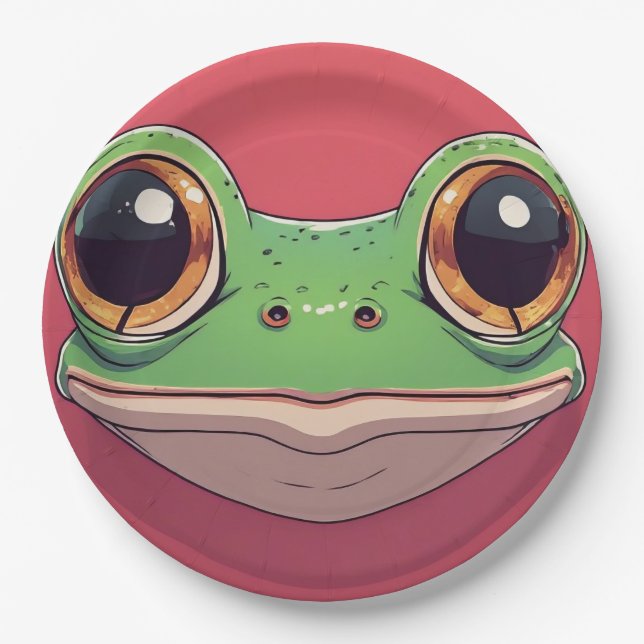Cute Colourful Frog Face – Funny Cartoon Frog Plat Paper Plate (Front)