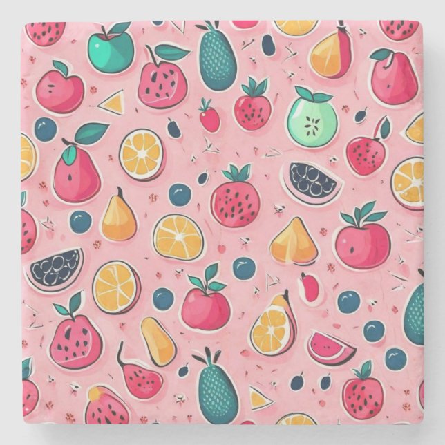 Cute colourful fruits pink decor stone coaster (Front)