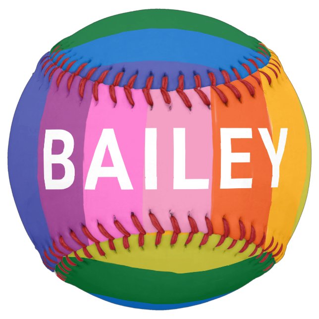 Cute Colourful Fun Rainbow Stripes Custom Name Tea Softball (Front)