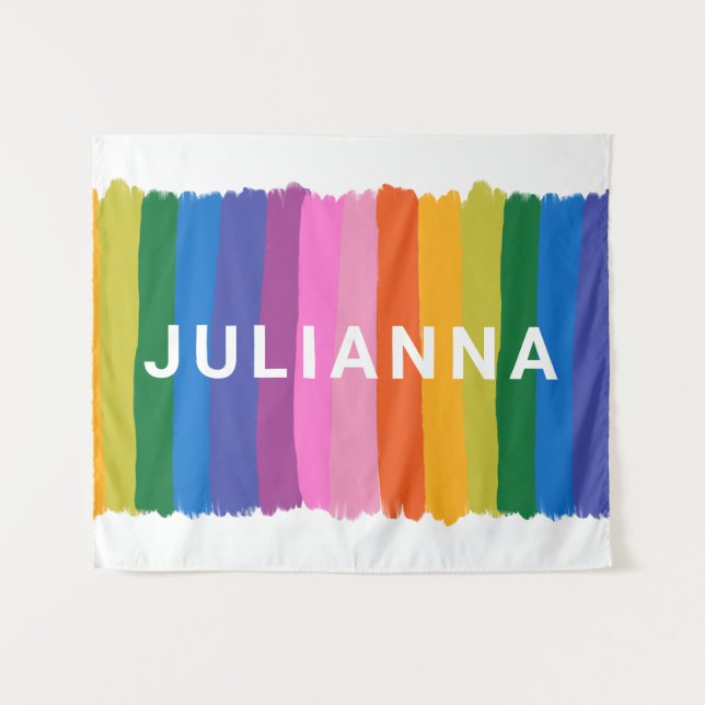 Cute Colourful Fun Rainbow Stripes Personalised Tapestry (Front (Horizontal))