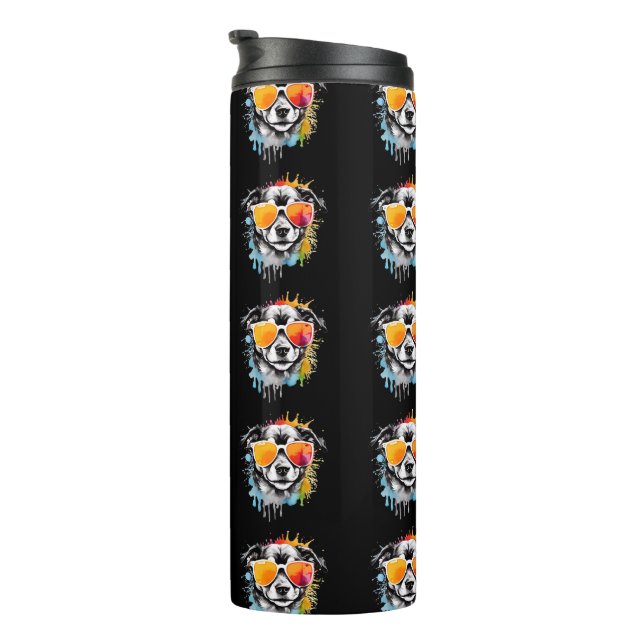 Cute colourful funny Dog portrait in sun glasses  Thermal Tumbler (Rotated Right)