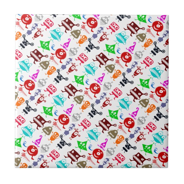 Cute colourful funny monsters patterns ceramic tile (Front)