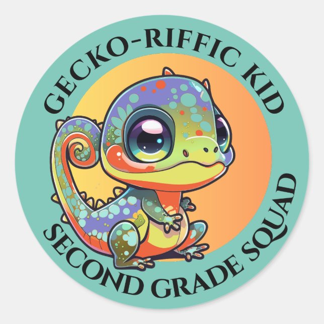 Cute Colourful Gecko with Customisable Text Option Classic Round Sticker (Front)