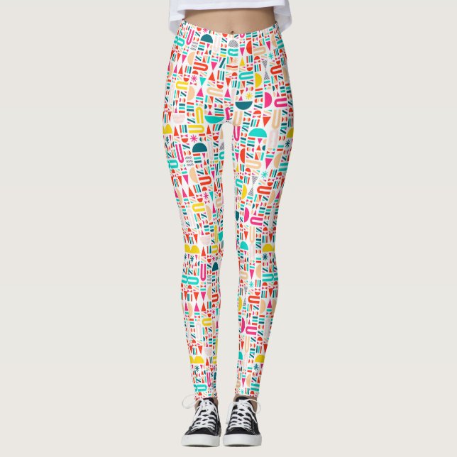 Cute colourful geometric forms patterns votive can leggings (Front)