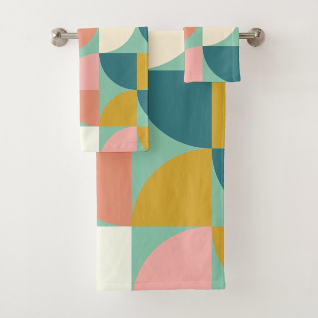 Cute Colourful Geometric Shapes Pattern in Teal Bath Towel Set (Insitu)
