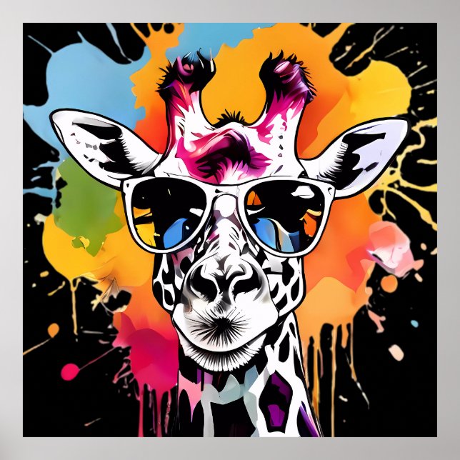 Cute colourful Giraffa with sunglasses splash Poster (Front)