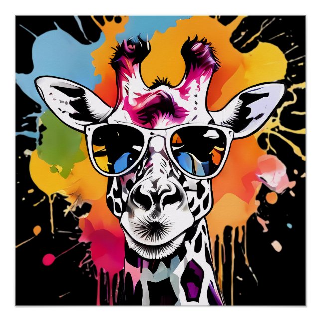 Cute colourful Giraffa with sunglasses splash Poster (Front)