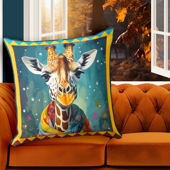 Cute Colourful Giraffe Animal Art Cushion (Pillow featuring a painting of a cute and colorful giraffe - fine art - winter gift)