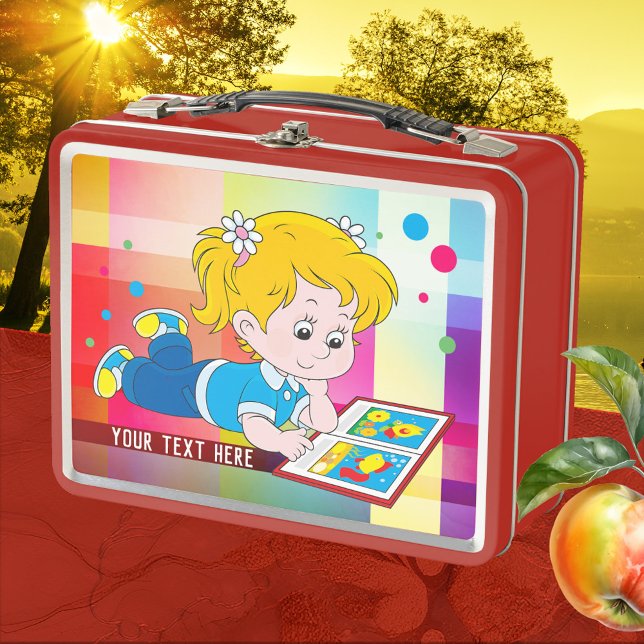 Cute Colourful Girl Metal Lunch Box (Lunch Box featuring a cute and colorful design with a girl reading a book - back to school)