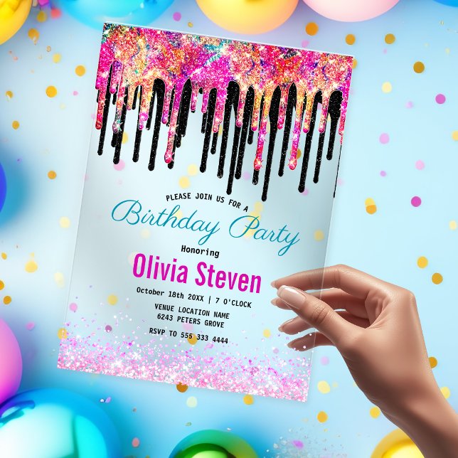 Cute colourful glitter drips birthday monogram acrylic invitations (Creator Uploaded)
