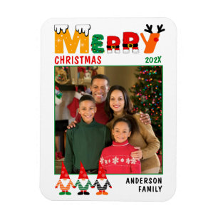 Cute Colourful Gnomes Merry Christmas Family Photo Magnet