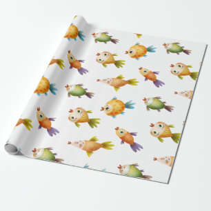 Cute Colourful Goldfish on White Wrapping Paper