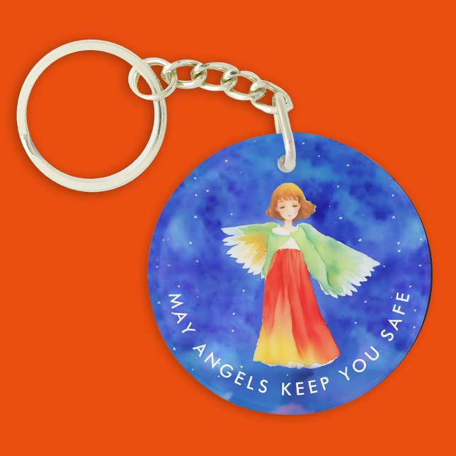 Cute Colourful Guardian Angel Religious Watercolor Key Ring (Creator Uploaded)