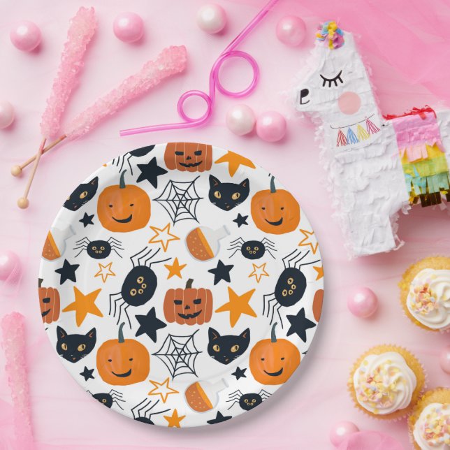 Cute Colourful Halloween Pattern Kids Party Paper Plate (Party)