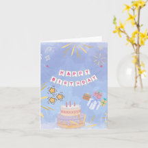 Cute Colourful Happy Birthday Cake & Gifts Greetin