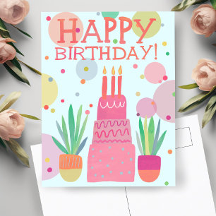 Cute Colourful Happy Birthday Cake Pink Bold Pop Postcard