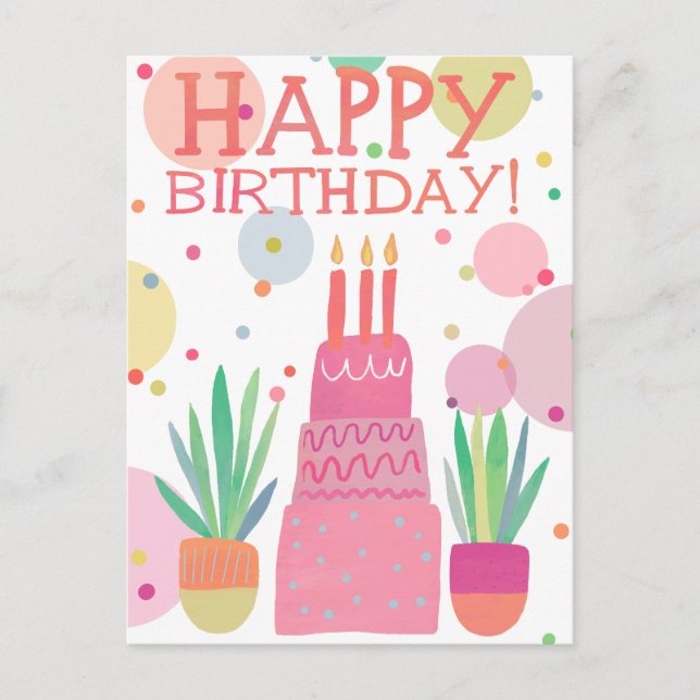Cute Colourful Happy Birthday Cake Pink Bold Pop Postcard (Front)