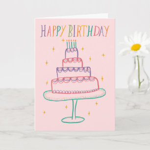 Cute Colourful Happy Birthday Cake Sketch Doodle  Card