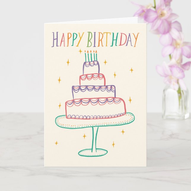Cute Colourful Happy Birthday Cake Sketch Doodle  Card (Orchid)