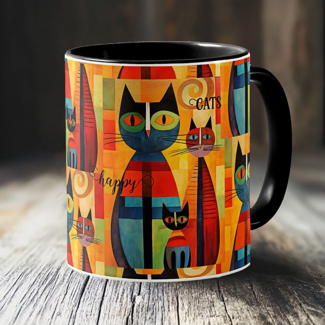 Cute Colourful Happy Cats Coffee Mug (Whimsical and artistic mug featuring an illustration of cute colorful cats, simply being happy)