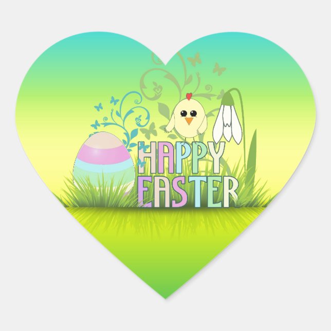 Cute Colourful Happy Easter Egg, Chick and Snowdro Heart Sticker (Front)