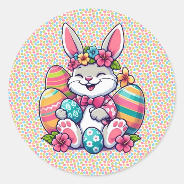 Cute,  & colourful Hawaiian/tropical Easter bunny Classic Round Sticker (Front)