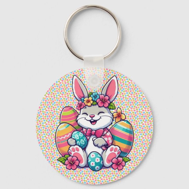 Cute,  & colourful Hawaiian/tropical Easter bunny Key Ring (Front)