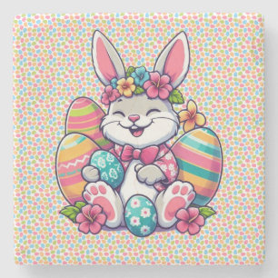 Cute, & colourful Hawaiian/tropical Easter bunny Stone Coaster